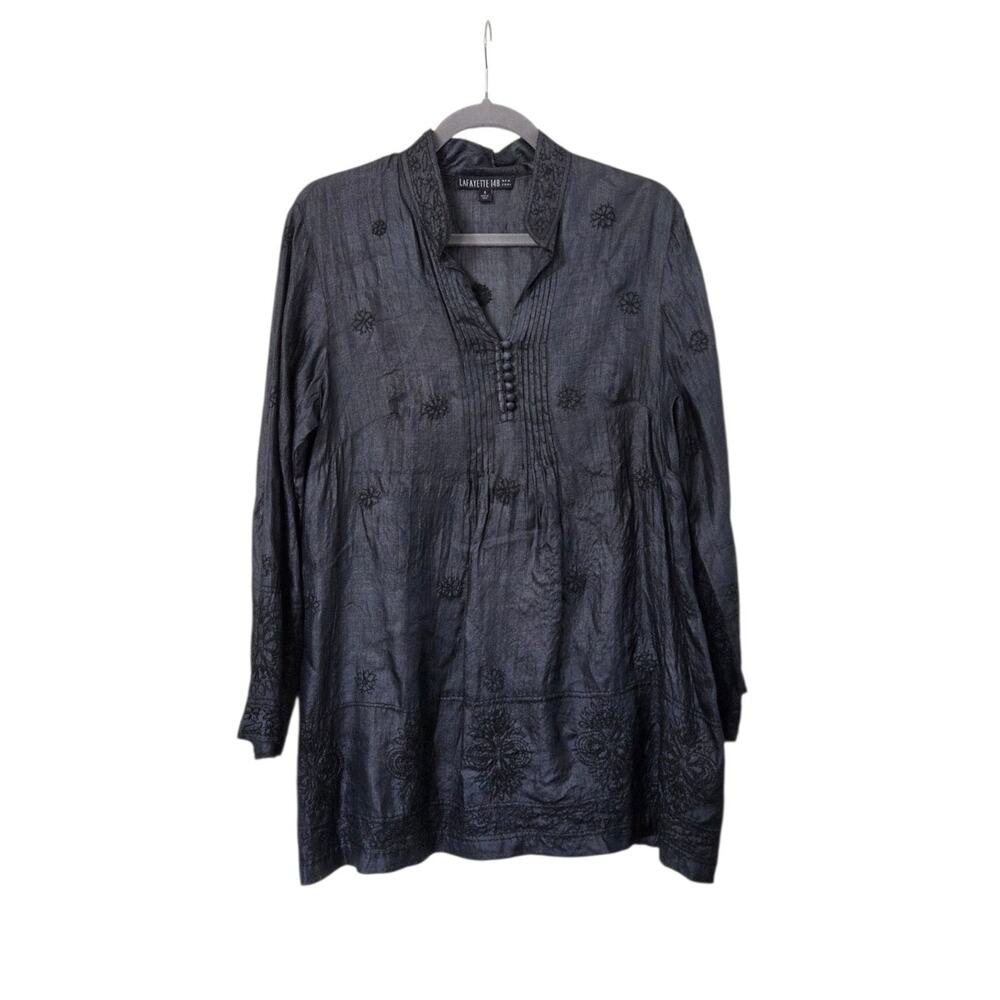 Lafayette 148 100% Silk Black Embroidered Pintuck Buttons Tunic Blouse, Size 6